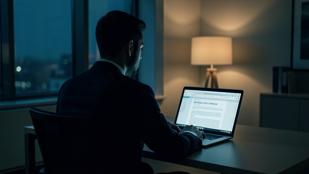 Executivo trabalhando sozinho à noite em notebook aberto, escritório em penumbra
