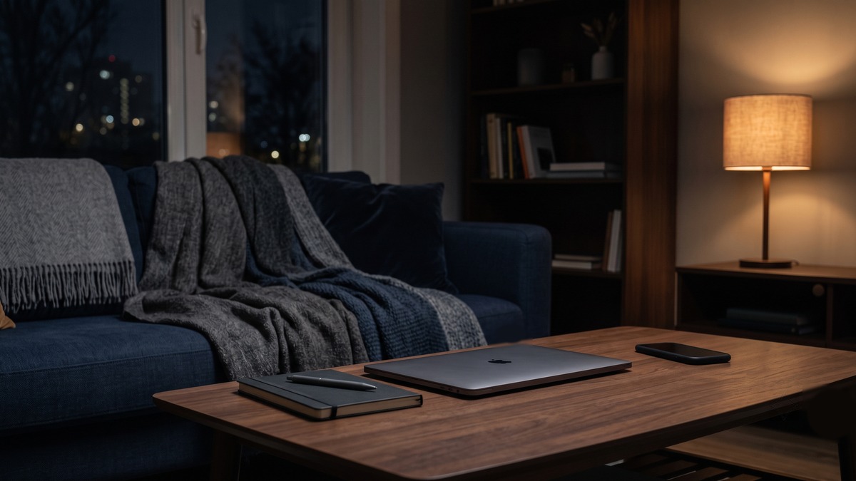Sala de estar em luz baixa à noite, notebook fechado sobre a mesa de centro