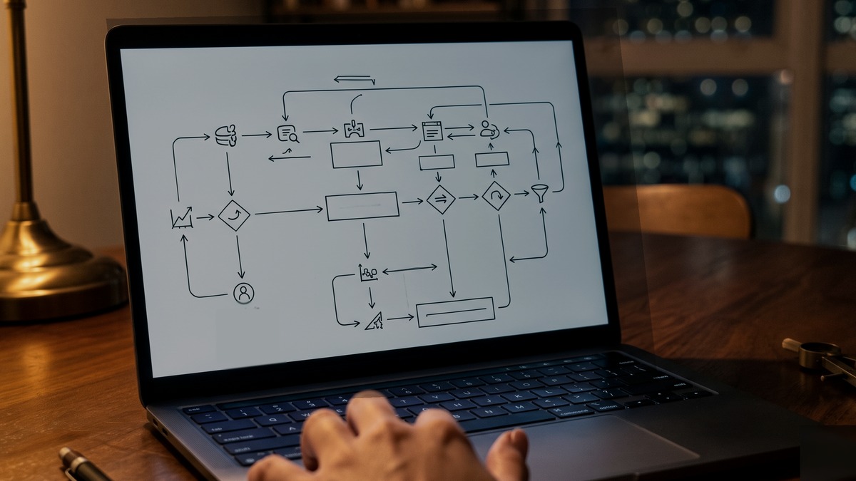 Mãos em notebook com diagrama de fluxo desenhado na tela, escritório com vista noturna da cidade